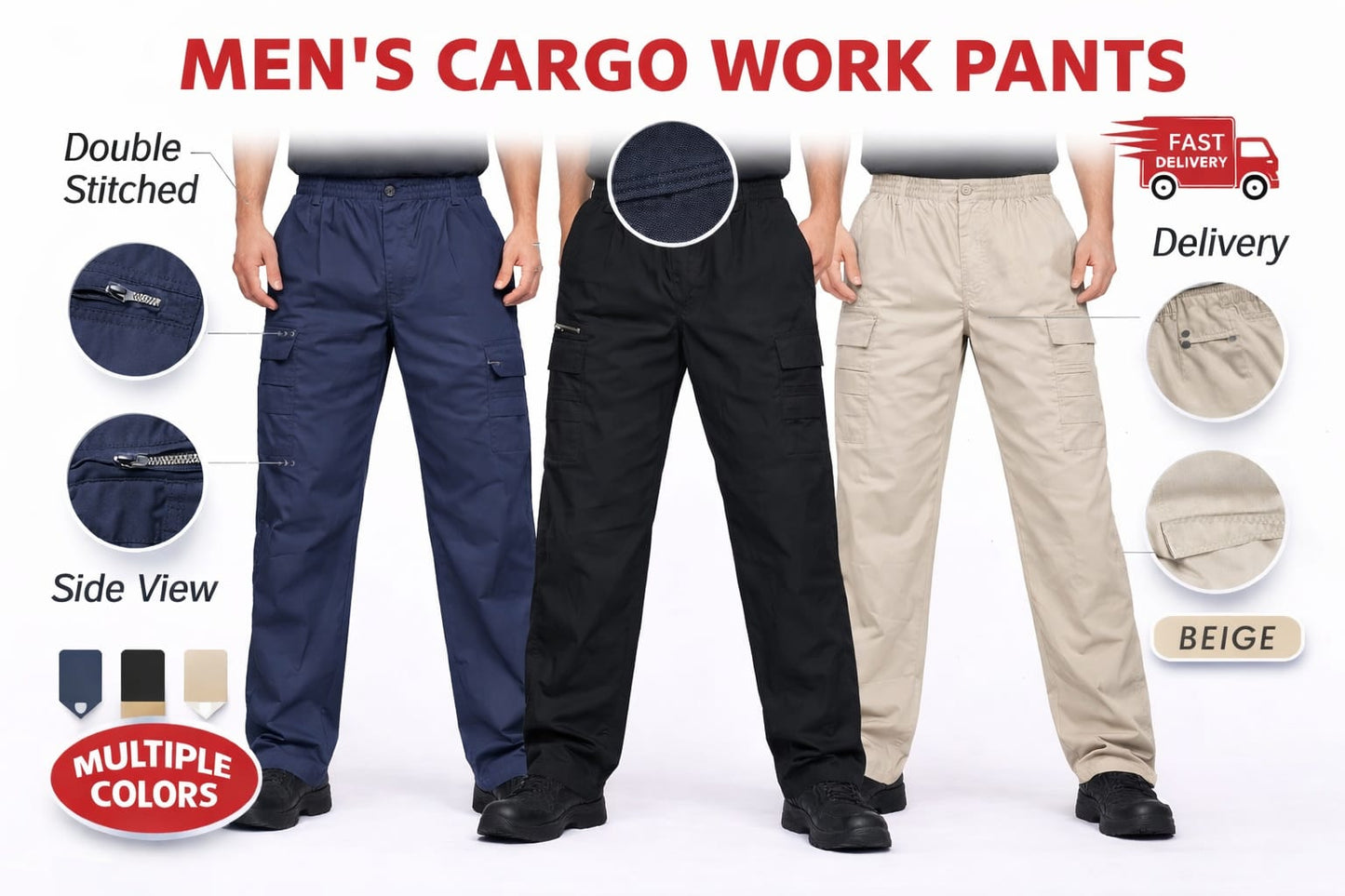 Men's Cargo Work Trousers Elastic Waist | MIAN Multi Pocket Work Pants