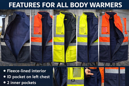 Hi Vis Body Warmer - Fleece Lined High Visibility Safety Gilet Reflective Workwear for Construction & Outdoor Jobs