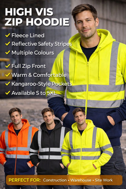 Men's Hi Vis Zip Hoodie Workwear | Reflective Safety Hooded Jacket