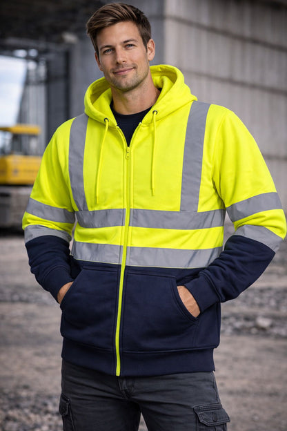 Men's Hi Vis Zip Hoodie Workwear | Reflective Safety Hooded Jacket