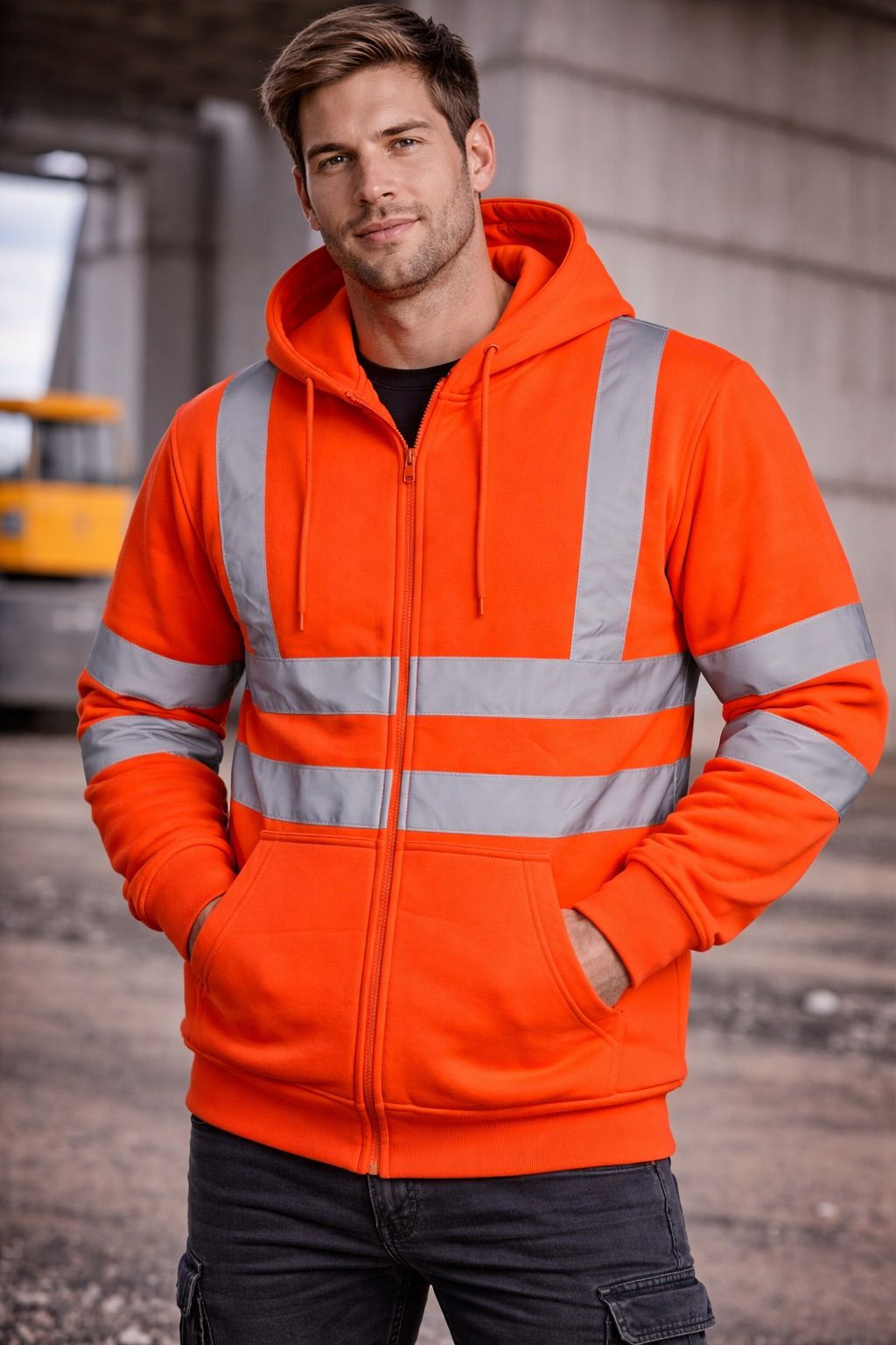 Men's Hi Vis Zip Hoodie Workwear | Reflective Safety Hooded Jacket