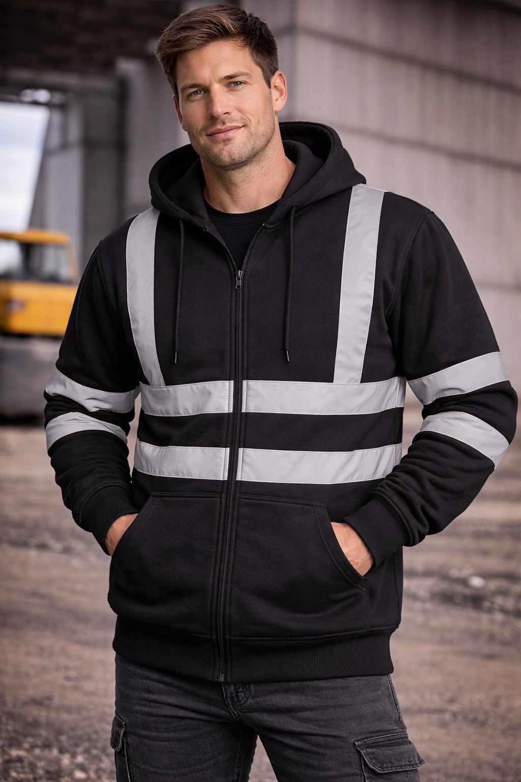 Men's Hi Vis Zip Hoodie Workwear | Reflective Safety Hooded Jacket