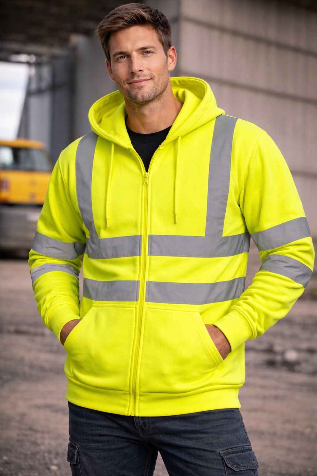 Men's Hi Vis Zip Hoodie Workwear | Reflective Safety Hooded Jacket