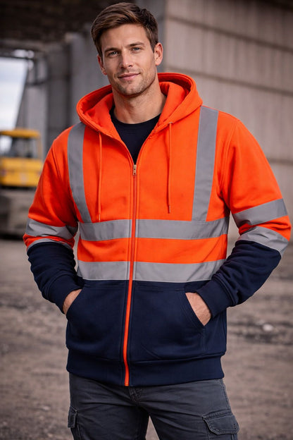 Men's Hi Vis Zip Hoodie Workwear | Reflective Safety Hooded Jacket