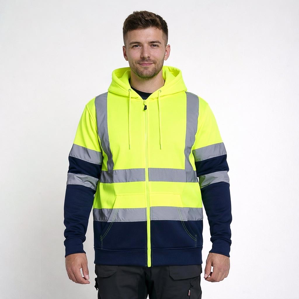 Men’s Hi Vis Two-Tone Full Zip Hoodie with Reflective Strips – Orange/Navy & Yellow/Navy – S to 5XL