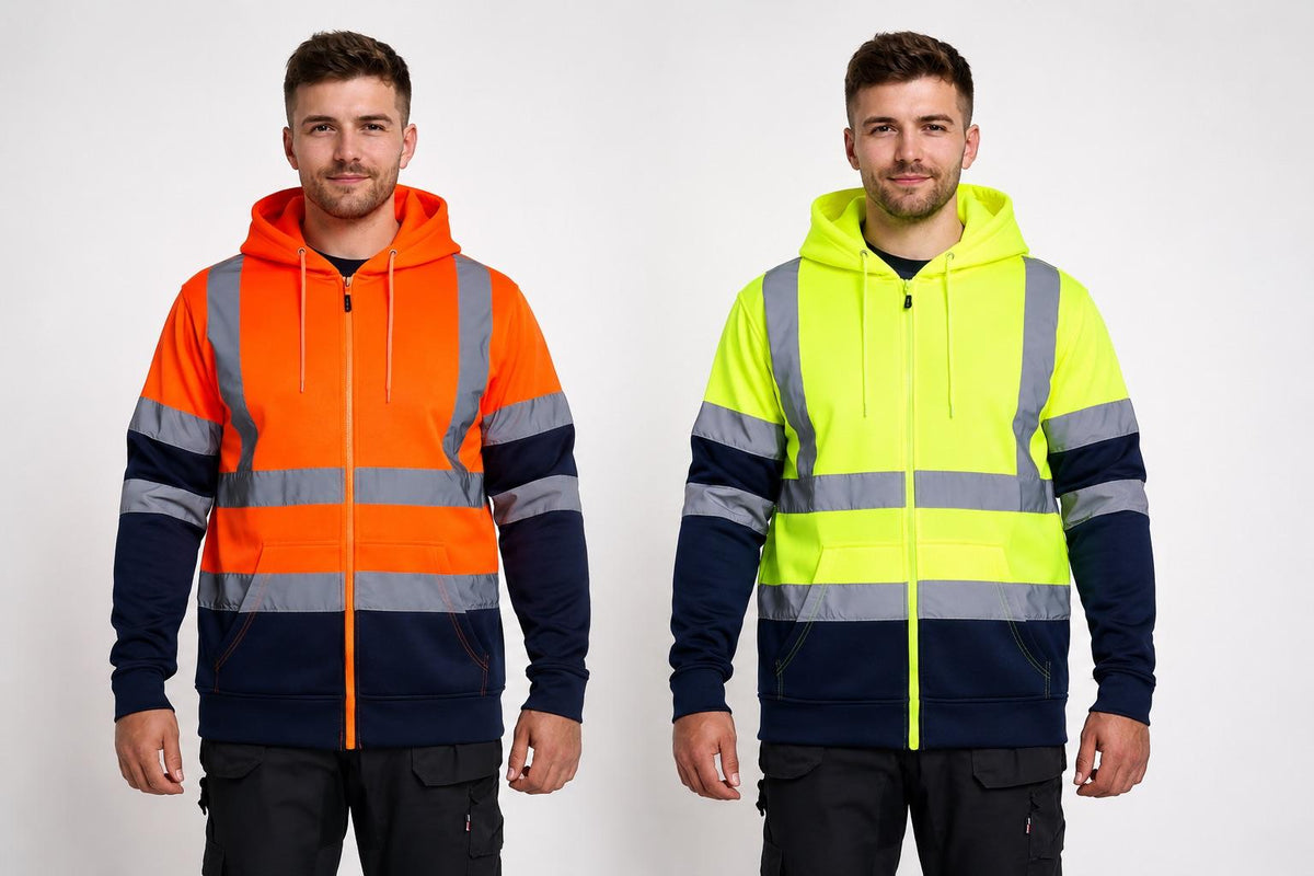 Men’s Hi Vis Two-Tone Full Zip Hoodie with Reflective Strips – Orange/Navy & Yellow/Navy – S to 5XL