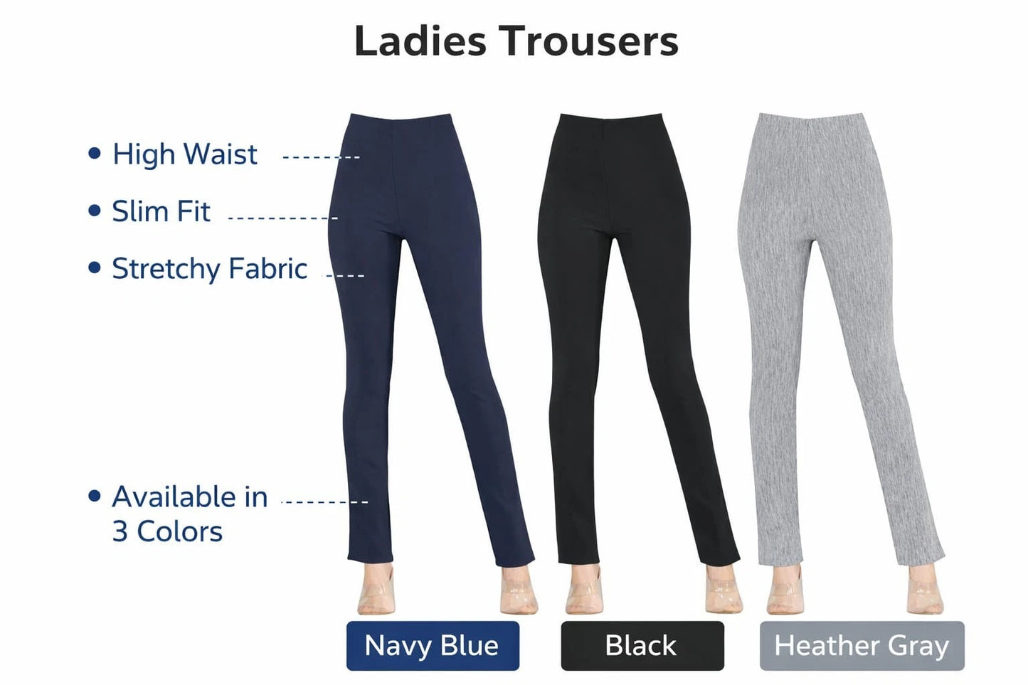 Women's High Waist Stretch Slim Fit Trousers | Pull On Office Work Smart Pants Multi Colors