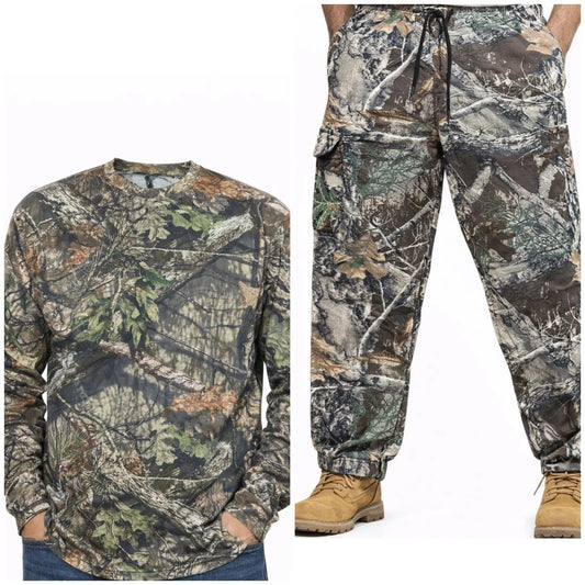Men's Camouflage Printed Jungle Set | Realtree Camo Long Sleeve T-Shirt & Cargo Trousers