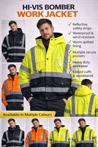 Hi Viz High Visibility Bomber Jacket Waterproof | Reflective Safety Workwear Security Coat