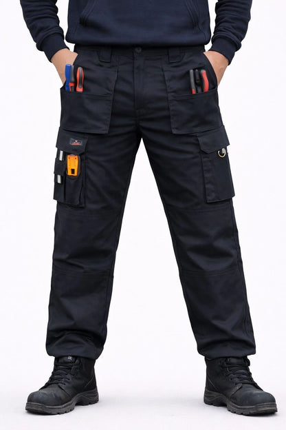Men's Black Heavy Duty Cargo Work Trousers | Multi Pocket Utility Work Pants Durable Fit S-5XL